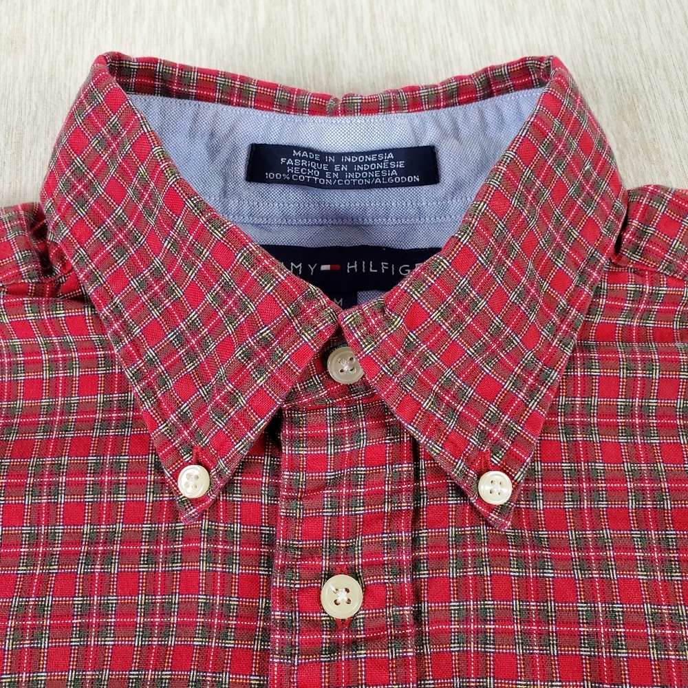 Tommy Hilfiger Men's Long Sleeve Button-Up Shirt 100% Cotton Plaid Red/Green